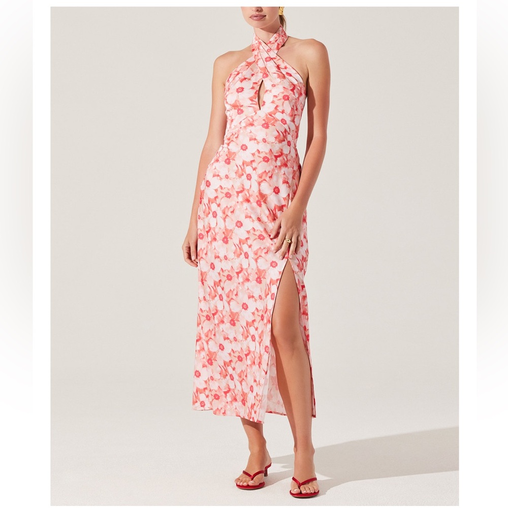 Astr Pink Floral Halter Midi Dress with Side Slit
